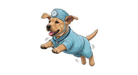 Adorable puppy dressed physician scrubs happily leaping mid air. Veterinary care doctor costume playful pet animal healthcare mascot design.の素材