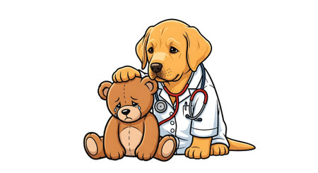 Adorable canine doctor with stethoscope consoles distressed stuffed animal. Puppy shows empathy toward patient toy. Childhood illustration concept.の素材