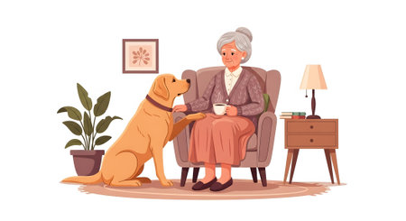 Elderly woman relaxes in cozy armchair drinking tea receiving comfort and unwavering companionship from her loyal Labrador service dog inside warm home environment.の素材