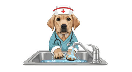 Cute puppy vet wearing scrubs washing paws. Labrador retriever doctor practicing hand hygiene in sink. Pet sanitation medical concept art.の素材