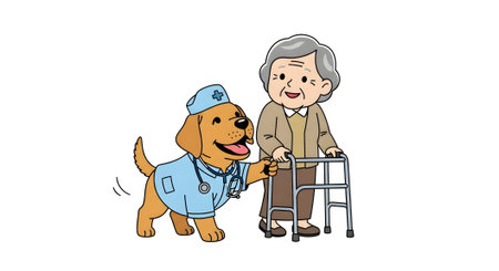 Caring service animal supporting elderly patient. Therapy dog nurse helping senior citizen walking with mobility aid. Medical assistance concept.の素材