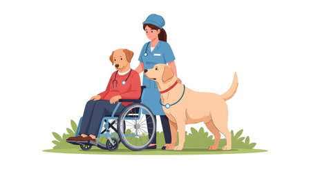 Veterinary nurse providing care for disabled dog seated in wheelchair accompanied by another assistance dog. Pet health care and animal rehabilitation concept.の素材