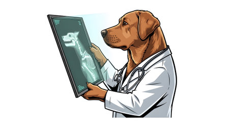 Professional canine radiologist reading bone scan. Doctor animal studying patient xray for diagnosis. Detailed medical image analysis.の素材