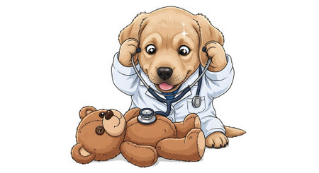 Cute puppy vet checking toy patient. Little canine doctor performing medical exam using stethoscope. Playful pediatric care concept.の素材