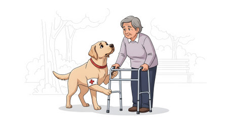 Loyal service dog Labrador provides assistance and mobility support to elderly woman using walker outside in park Concept illustrating animal aid companionship and caregiving.の素材