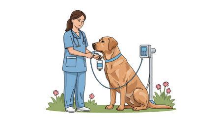 Female vet nurse administering IV infusion to dog. Labrador patient receiving liquid treatment outdoors. Veterinary medical procedure using intravenous pump illustration.の素材