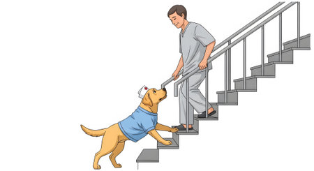 Male vet helps recovering dog navigate stairs. Canine patient undergoes physical therapy and rehabilitation. Mobility assistance session.の素材