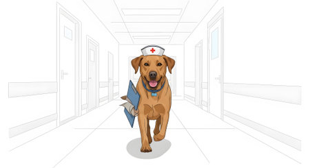 Dedicated canine nurse rushing through medical facility. Service animal carrying charts down hospital corridor. Urgent healthcare duties.の素材