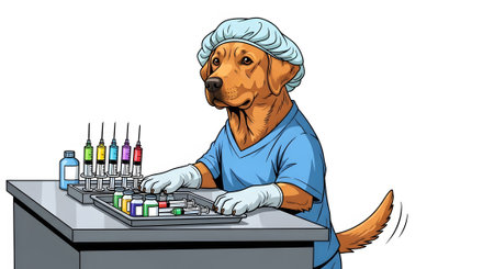 Veterinarian dog preparing medical supplies, syringes and vaccines on tray for animal patients. Canine doctor wearing scrubs and cap ready for inoculation.の素材