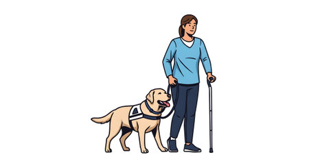 Disabled woman with prosthetic leg using cane receives support from loyal assistance dog. Labrador service dog helping handler with physical disability walk.の素材
