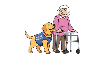 Service dog, certified nursing assistant, aids elderly woman with mobility walker. Therapy dog helps senior citizen maintain independence. Home healthcare animal support worker simple illustration.の素材