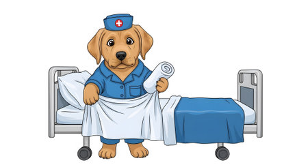 Adorable canine nurse standing beside empty medical bed. Dog character in blue uniform holding rolled up white towels and blankets. Healthcare preparedness.の素材