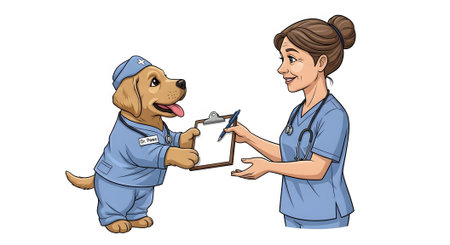 Doctor puppy collaborating with medical professional. Canine vet student giving nurse essential patient notes. Healthcare teamwork communication.の素材