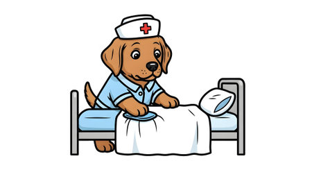Adorable puppy nurse professional making hospital bed in white room. Cheerful animal attendant prepares clean linens for next patient comfort and rest.の素材
