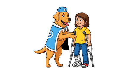 Friendly therapy dog wearing nurse uniform helps injured girl on crutches with cast. Canine assistant supports child with broken leg recovery. Medical support animal provides comfort and aid illustration.の素材