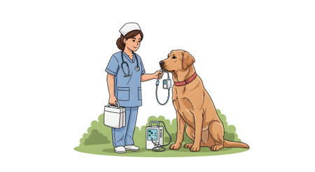 Veterinary nurse administers intravenous therapy to large dog using medical equipment. Professional pet health care with IV drip treatment for animal patient.の素材