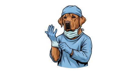 Dog surgeon preparing for procedure. Veterinarian wears scrubs gloves cap mask. Professional animal doctor ready for operation isolated.の素材