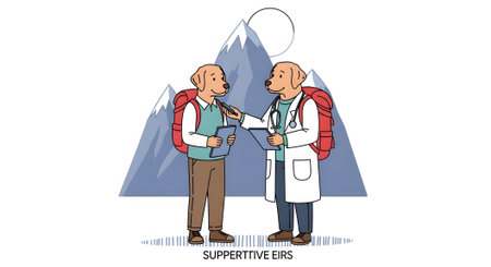 Canine professionals consult during mountain hike. Doctor dog reviews chart with patient. Wilderness medical support team discussion.の素材