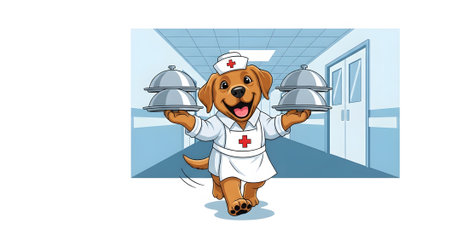 Cheerful service dog nurse delivers warm patient meals in hospital hallway. Cartoon Labrador wearing medical uniform brings dinner cloches. Fast food service mascot.の素材