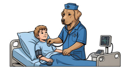 Canine medic performs physical examination on child patient. Nurse checks boy heartbeat using stethoscope blood pressure monitor displayed. Pediatric care.の素材