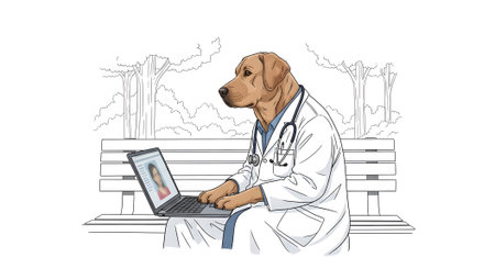 Veterinarian doctor conducts remote health checkup. Canine physician uses computer for online consultation sitting on park bench.の素材