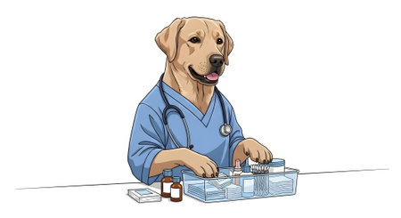 Canine surgeon preparing emergency medical supplies. Doctor sorting first aid equipment including bottles gauze bandages. Professional procedure.の素材