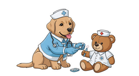 Adorable young dog nurse plays doctor with stuffed animal friend. Cute puppy provides clinical care for teddy bear patient using medical tools.の素材