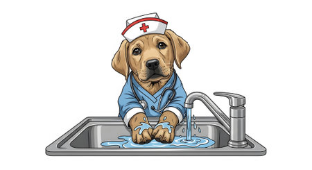 Adorable Labrador puppy wearing nurse uniform scrubs washing paws carefully in kitchen sink demonstrating importance of hygiene and sanitation for medical staff.の素材