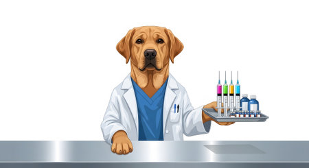 Professional dog physician or veterinarian wears lab coat holding tray of colorful vaccines. Serious animal doctor prepares medical injections. Laboratory research supplies.の素材