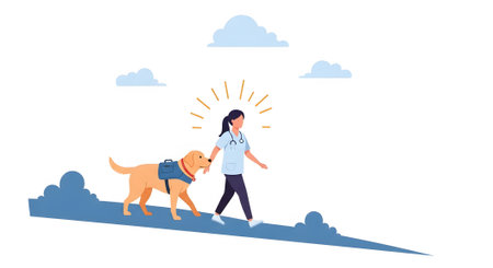 Female doctor walking down hill accompanied by service dog wearing harness and vest. Illustration showing partnership between healthcare professional and trained assistance animal.の素材