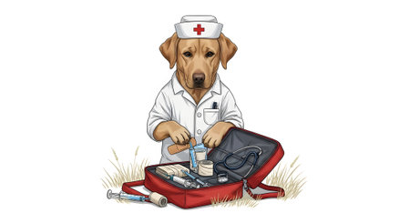 Dedicated dog nurse organizes medical emergency equipment. Labrador wearing white uniform prepares supplies from first aid bag containing stethoscope and bandages.の素材