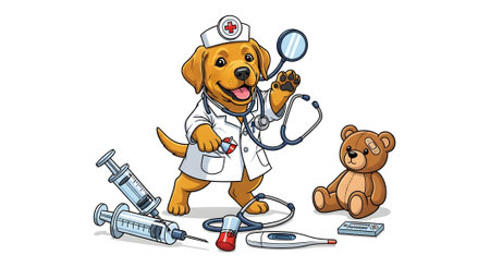 Adorable puppy doctor wearing white coat surrounded by medical supplies. Cute canine holds magnifying glass ready to examine teddy bear patient among syringes and thermometer.の素材