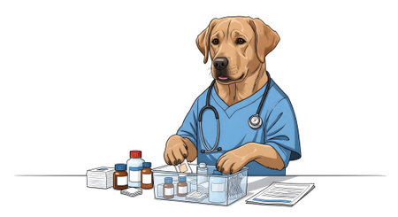 Dog doctor wearing blue scrubs and stethoscope preparing medication from clear box filled with bottles and pills. Professional veterinarian organizing supplies at desk.の素材
