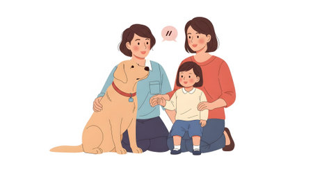 Joyful family portrait featuring two mothers and child with loving Labrador dog. Pet provides emotional support and companionship.の素材