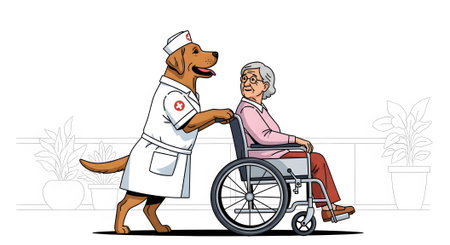 Service dog acting as nurse caregiver. Labrador pushing senior woman seated in wheelchair. Elder assistance mobility support concept.の素材
