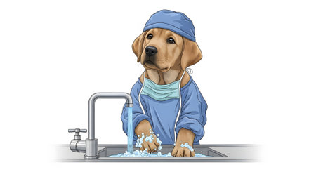 Puppy doctor washing paws before procedure. Cute dog surgeon practicing hygiene. Young Labrador wearing scrubs cap mask cleaning hands.の素材