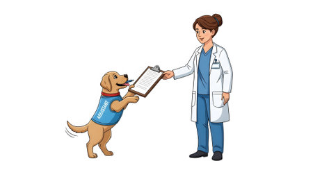 Professional medical assistant service dog handing clipboard with chart documents to female doctor. Canine healthcare helper assists physician with administrative tasks. Animal worker collaboration illustration.の素材