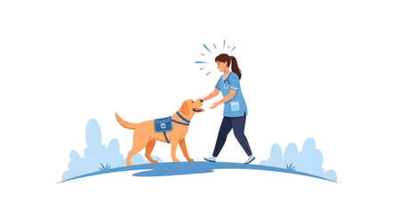 Woman healthcare professional interacting happily with service animal. Support dog assisting person in outdoor environment. Emotional support concept.の素材