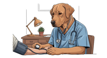Labrador retriever dog dressed as doctor takes blood pressure measurement on patient arm. Canine veterinarian examining health in clinic setting. Medical professional animal healthcare worker illustration.の素材