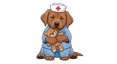 Crying cute puppy dog nurse wearing uniform sits holding teddy bear Little dog expressing sadness and emotion Veterinary pediatric care mascot concept.の素材