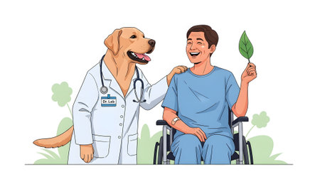 Dog doctor comforting patient smiling. Veterinarian promotes nature therapy wellness. Happy disabled man holding leaf receiving support healthcare.の素材