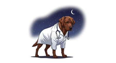 Serious looking dark labrador doctor wearing white lab coat and stethoscope standing under starry night sky. Canine medical professional on duty working late hours. Animal veterinarian concept illustration.の素材