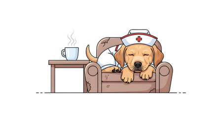 Adorable puppy nurse resting in comfy armchair after long shift Cute dog sleeping next to coffee mug Veterinary medicine concept Professional burnout.の素材