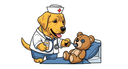 Cute yellow lab dog nurse character administering spoon medicine to toy patient. Veterinary medicine pediatric care mascot illustration. Animal healthcare concept.の素材