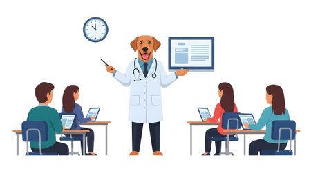 Veterinarian dog physician giving lecture to pupils Professional canine doctor teaching people students Veterinary education conference presentation meeting session.の素材