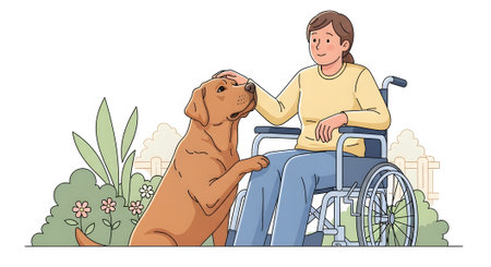 Disabled woman sitting wheelchair receives support from loyal Labrador guide dog. Assistance animal provides comfort companionship and mobility help outdoors.の素材