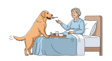 Assistance animal provides home nursing care. Friendly dog feeds elderly female patient breakfast in bed demonstrating loyalty and support.の素材