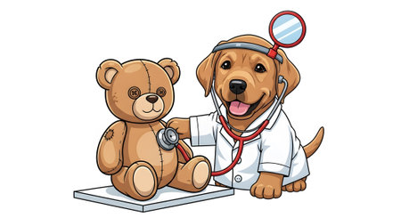 Adorable puppy doctor gives teddy bear checkup. Young canine veterinarian uses stethoscope. Happy baby dog practicing medicine.の素材