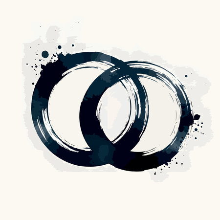 Overlapping ink brush strokes form circular shapes artistic abstract drawing element. Grunge watercolor style graphic sign symbol isolated splatter stain artwork.のイラスト素材