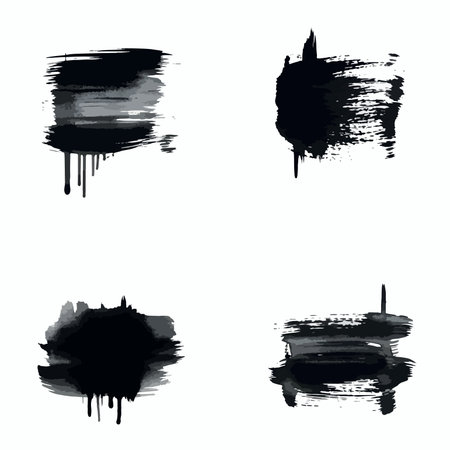Set abstract black ink brush stroke elements four separate grunge texture shapes dripping liquid messy watercolor splatters.のイラスト素材